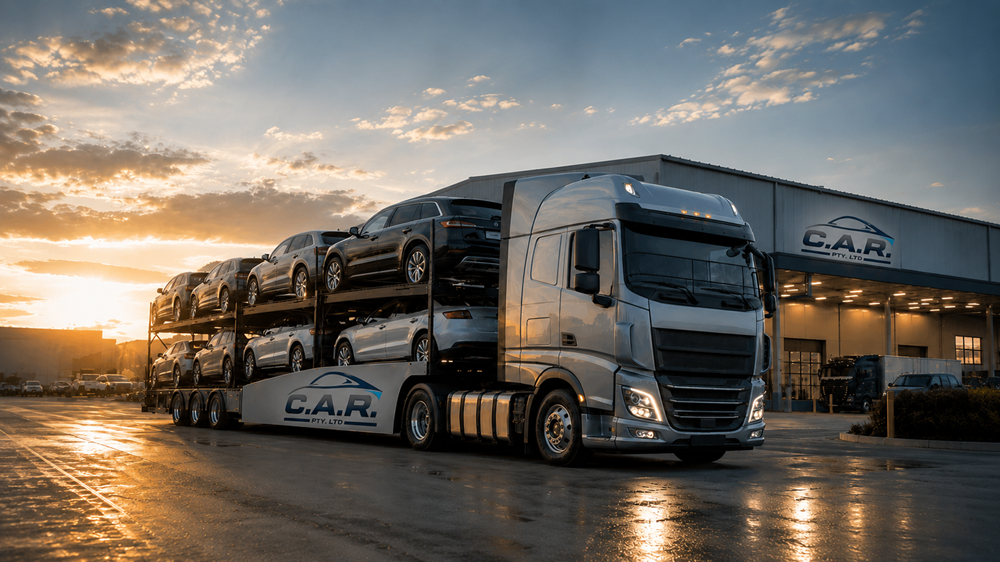 C.A.R. car carrier truck loaded with vehicles at sunrise
