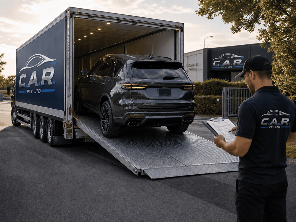 C.A.R. vehicle delivery truck unloading an SUV
